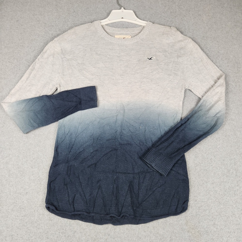 Hollister Sweater Mens M Blue Gray Ombre Dip Dye Textured Knit Crewneck Logo
